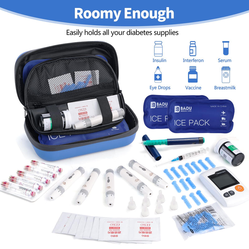 [Australia] - 24h Insulin Cooler Travel Case TSA Approved Refrigerated Medicine Cooler for Travel w/Thermometer Temperature Display Diabetic Travel Case Bag w/2 Reusable Ice Packs for Daily Life Trip Blue 