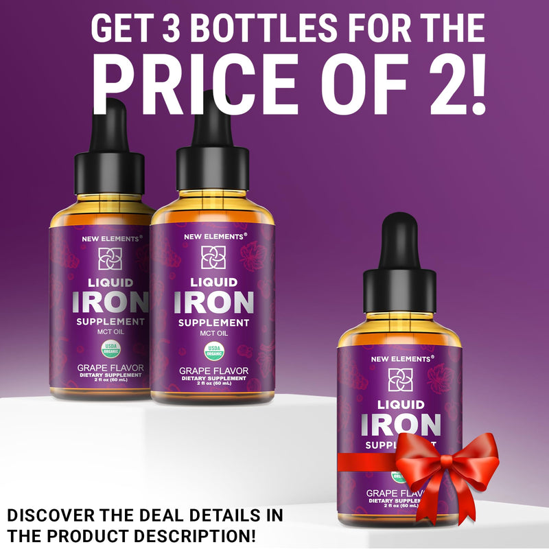 [Australia] - Iron Supplement for Women & Men Free Blood Builder, Iron Vitamin for Anemia USDA Organic Liquid Iron Drops for Adults with MCT Oil, Natural Grape Flavor, Faster Absorption & Immune Support, 2 Fl Oz 