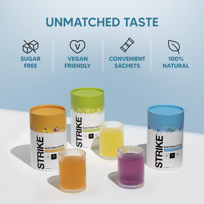 Strike Electrolytes | Zero Sugar Hydration Sachets with Sodium, Magnesium, Vitamin C & Trace Minerals | Vegan, Keto, Gluten-Free | Daily Electrolytes Powder (30 Sachets, Berry Fusion) 30 Sachets