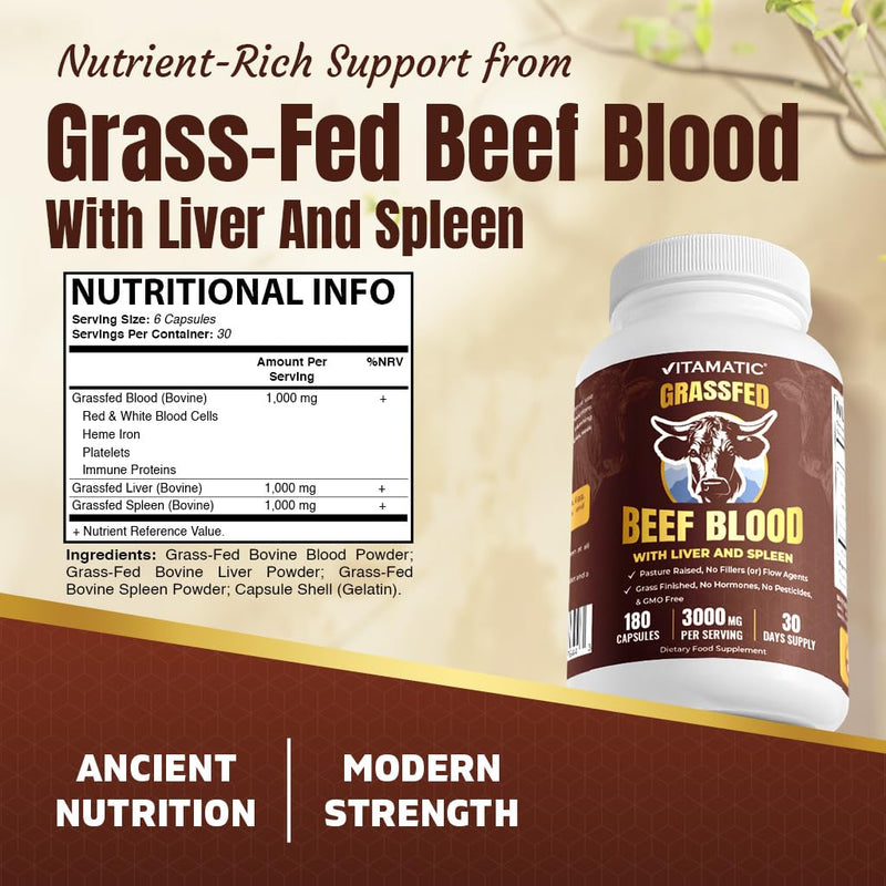 Vitamatic Grass Fed Beef Blood with Liver and Spleen - 180 Capsules - Freeze Dried & Non-GMO - Pasture Raised Glandular Supplement - Made in USA