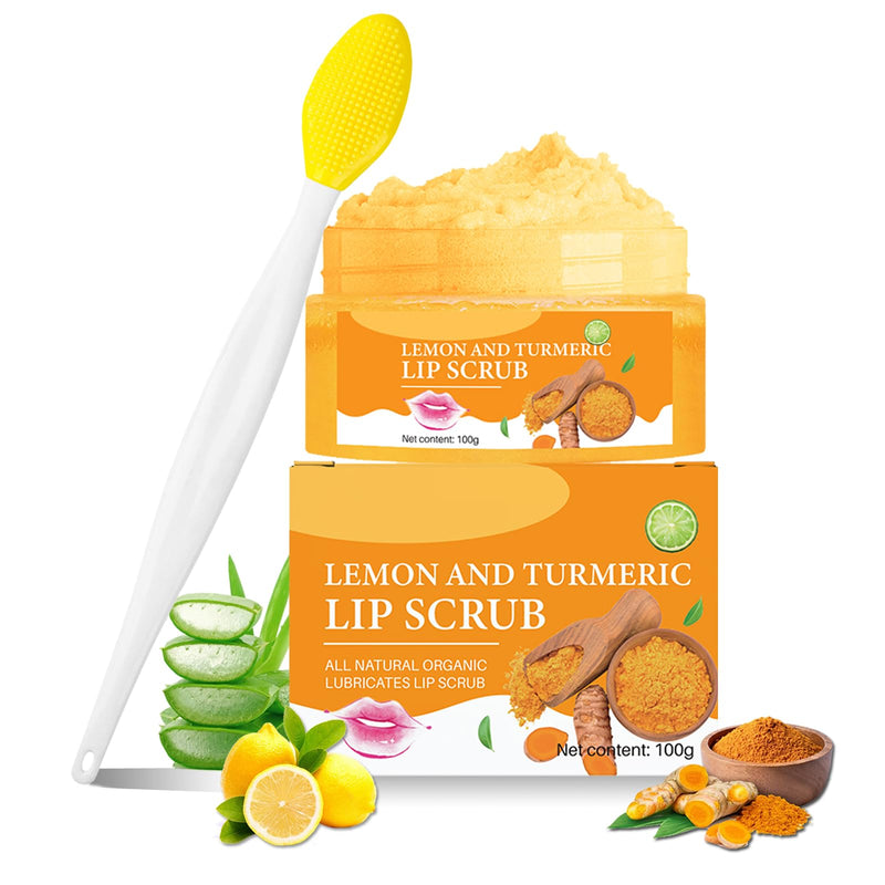 [Australia] - Turmeric Lemon Lip Scrub with Brush, Lip Scrubber Exfoliator for Dark Lips, Dry, Chapped Lips, Reduce Fine Lines, Natural Nourish Sugar Lip Scrub with Aloe Vera, Deep Hydration Moisturization 100g 2.26 Ounce (Pack of 2) 