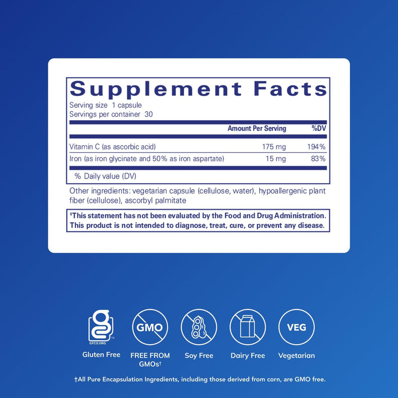 Pure Encapsulations Iron-C, 30 Capsules | 15 mg - 175 mg Vitamin C, Red Blood Cell Support*, Energy Production, Highly Bioavailable Iron Pill, for Women and Men 30 Count (Pack of 1)