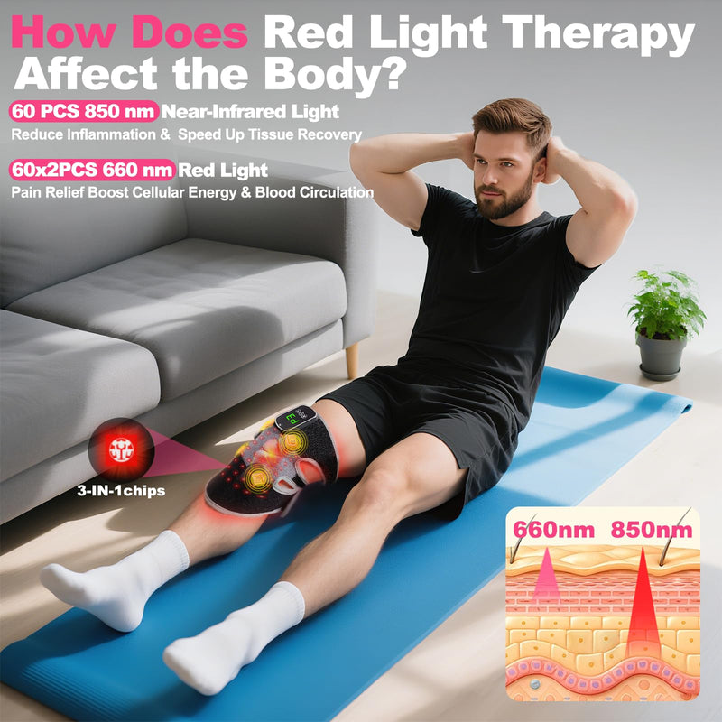 3-in-1 Red Light Therapy Knee Brace with 4 Vibration Massage Areas, 5000mAh Rechargeable Heated Knee Massager, 660nm&850nm Infrared Light Therapy Heated Device for Knee Elbow Shoulder Pain Relief