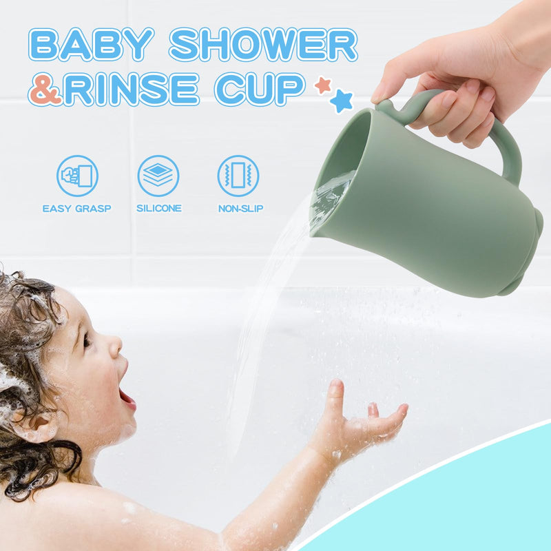 [Australia] - mandoo Baby Bath Rinse Cup - Food Grade Silicone - Shampoo & Body Washing Rinser Cup For Kids with Easy Grip Handle to Rinse Baby Shampoo and Soap - Baby Essentials (Light green) Light Green 