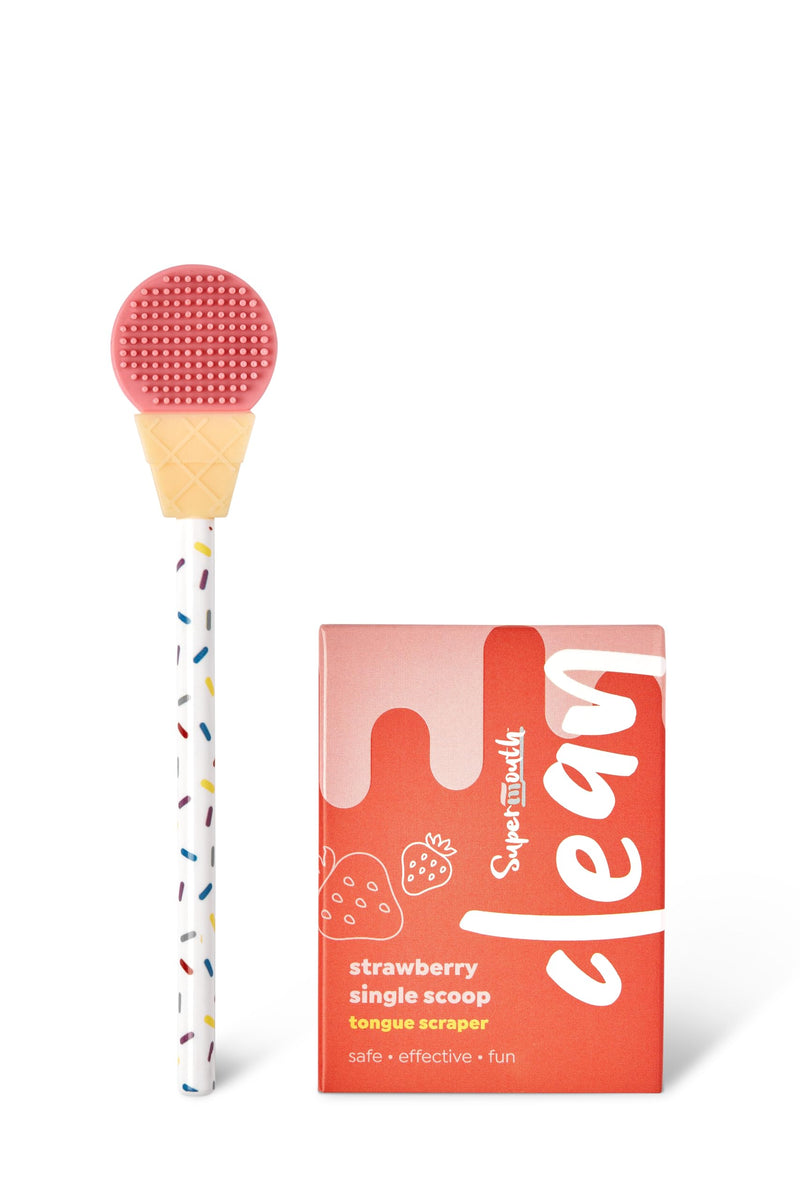 [Australia] - SuperMouth¬Æ Single Scoop Tongue Scraper for Toddlers & Kids Ages 2-5 ‚Äì Dual-Sided Brush & Scraper Removes Odor-Causing Buildup, Fights Bad Breath, Gentle Easy-Grip Design, 3 Scents, Early Oral Care Strawberry Single Scoop 