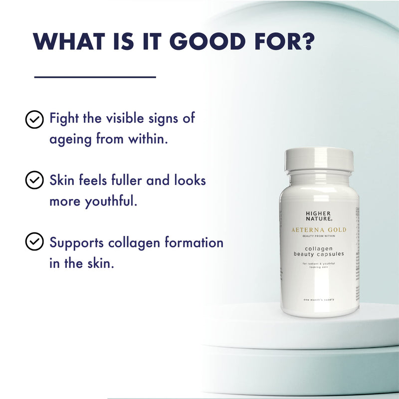 Higher Nature - Æterna Gold Collagen Beauty Capsules - 10 Skin Loving Ingredients - Hydrolysed Marine Collagen - Vitamin C - Responsibly Sourced - 90 Capsules