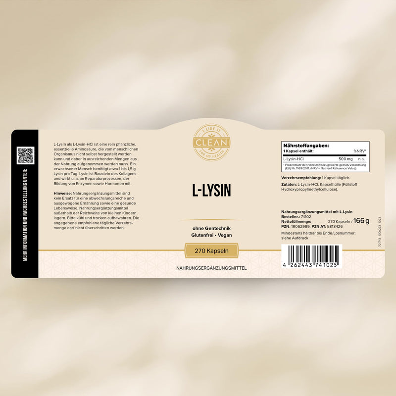 [Australia] - I-like-it-Clean® - L-Lysine - 500 mg L-Lysine HCl per capsule - 270 capsules - from plant fermentation - vegan, laboratory tested, without genetic engineering, without additives - produced in Germany 