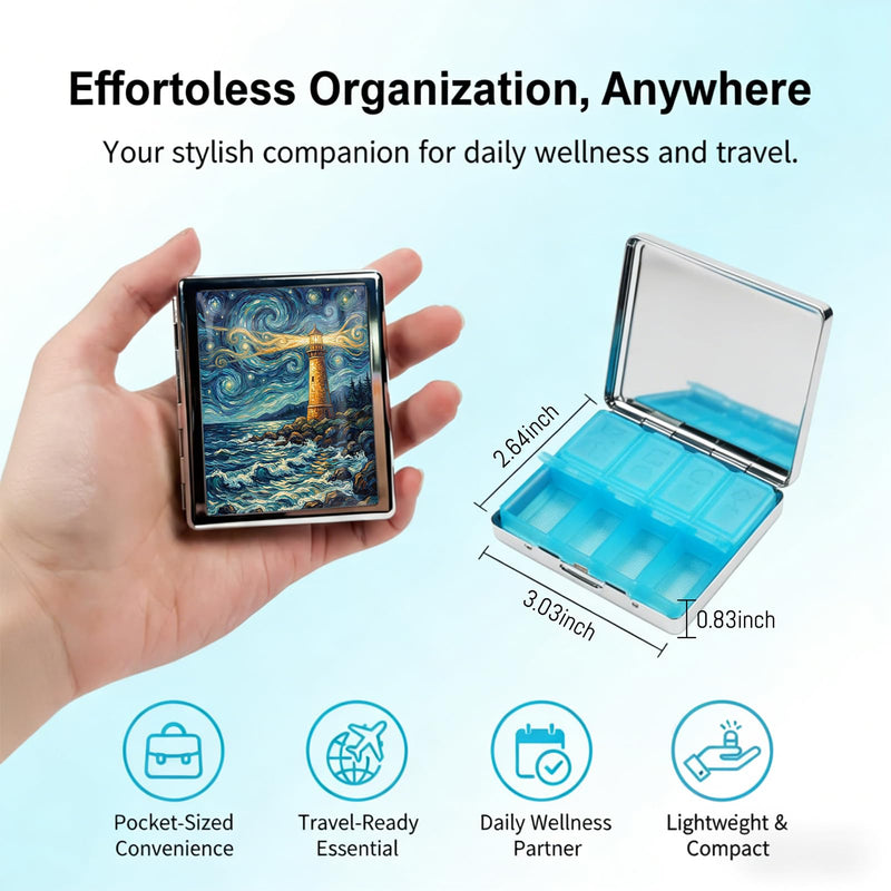 Metal 7 Day Pill Organizer, Cute Small Weekly Pill Case with 8 Compartments for Travel, Moisture-Proof Medicine Holder for Purse, Compact Daily Vitamin Box (Lighthouse Night) Lighthouse Night