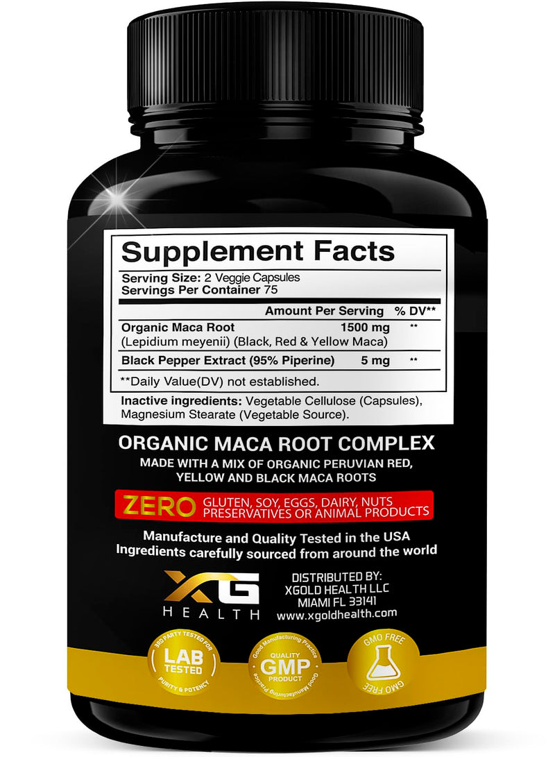 [Australia] - X Gold Health Organic Maca Root Powder Capsules 1500mg with Black | Red & Yellow Peruvian Maca Root Extract Gelatinized, Energy & Mood Supplement for Men & Women + Black Pepper for Best Benefits 