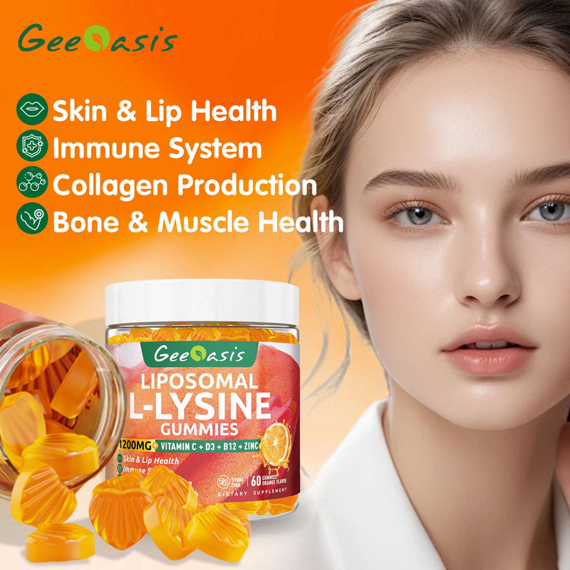 [Australia] - Liposomal L-lysine Gummies 1200mg, Lysine Chewable Supplement with Vitamin C, D3, B12 & Zinc for Adults & Kids, Immune & Collagen Support, Lips & Skin Health, Vegan, Natural Fruit Flavor, 60CT 