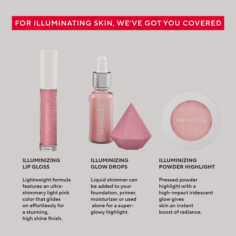 [Australia] - Mirabella 4-Piece Makeup Set for Women & Girls, Illuminizing Holiday Gift Set - Make-Up Set Includes Lip Gloss, Glow Drops, Powder Highlight & Blender Sponge - Talc-Free & Paraben Free Cosmetic Set 