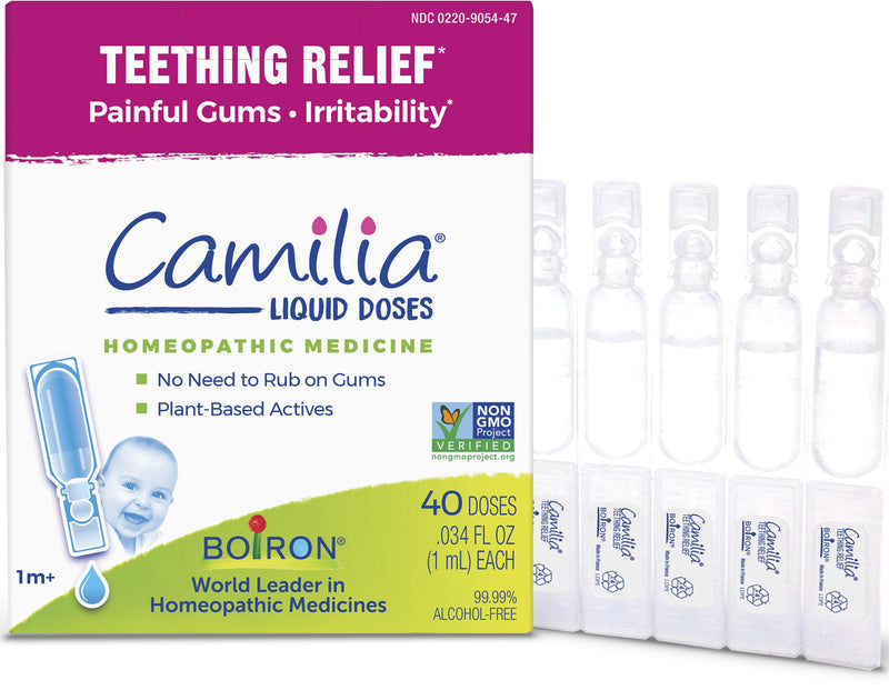 Boiron Camilia Teething Drops for Daytime and Nighttime Relief of Painful or Swollen Gums and Irritability in Babies - 40 Liquid Droppers Bundled in 8 separate packs of 5