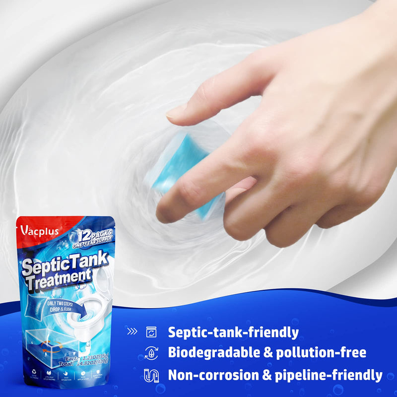 [Australia] - Vacplus Septic Tank Treatment 12 Pcs for 1-Year Supply, Dissolvable Packs with Easy Operation, Durable Biodegradable Enzymes for Wastes, Greases & Odors Blue(2X efficiency) 