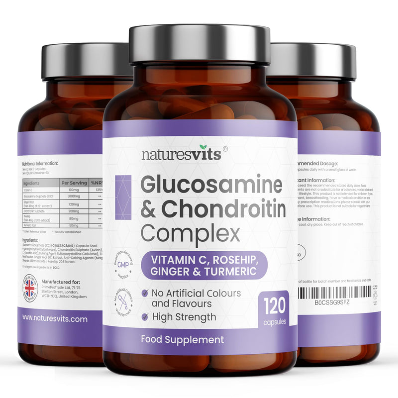 Glucosamine Sulphate and Chondroitin High Strength Supplement, 120 Capsules - with Turmeric and Vitamin C Complex - Arthritis and Joint Care for Women and Men to Assist with Pain Relief