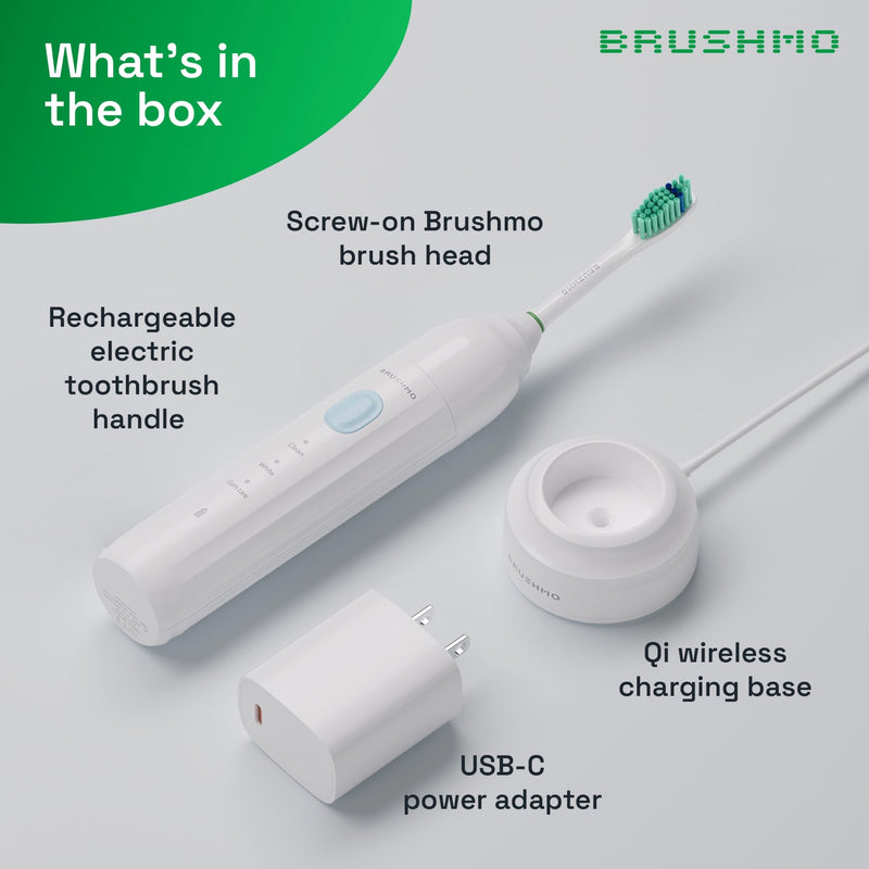 [Australia] - Brushmo e-Series Electric Sonic Toothbrush - Rechargeable Screw-On Electronic Tooth Brush for Adults with 3 Modes & Timer - IPX7 Waterproof, Long-Lasting Battery & Wireless Charging Base - White Bm02 - White 1 Count (Pack of 1) 