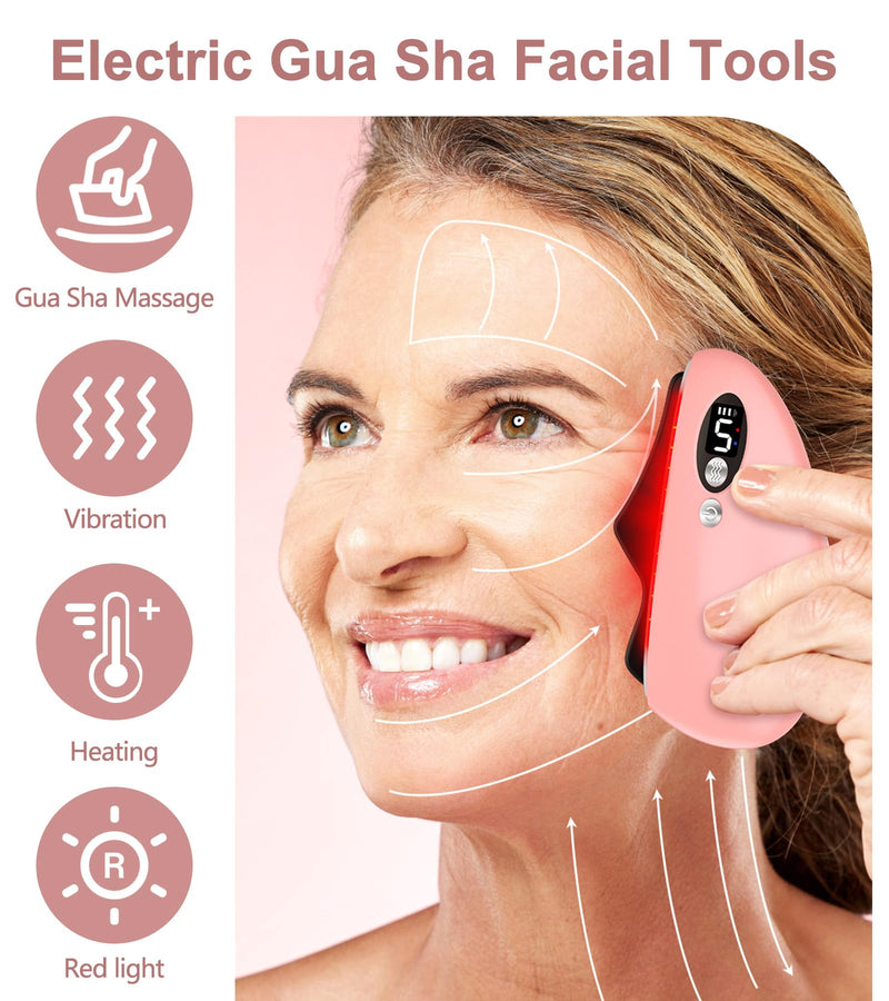 Gua Sha Facial Tool, Electric Black Obsidian Guasha Tool for Face, Chin, Neck, Body, Heated Vibrating Massage Gua Sha Stone for Face Sculpting Pale Pink