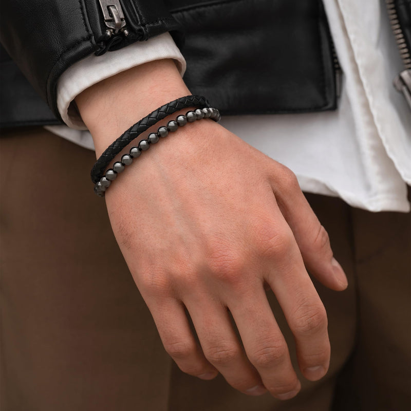 [Australia] - MagnetRX¬Æ Hematite & Leather Magnetic Bracelet ‚Äì Max Strength Natural Stones ‚Äì Beaded Magnetic Hematite Bracelets (Medium) Medium (Pack of 1) Leather Black 