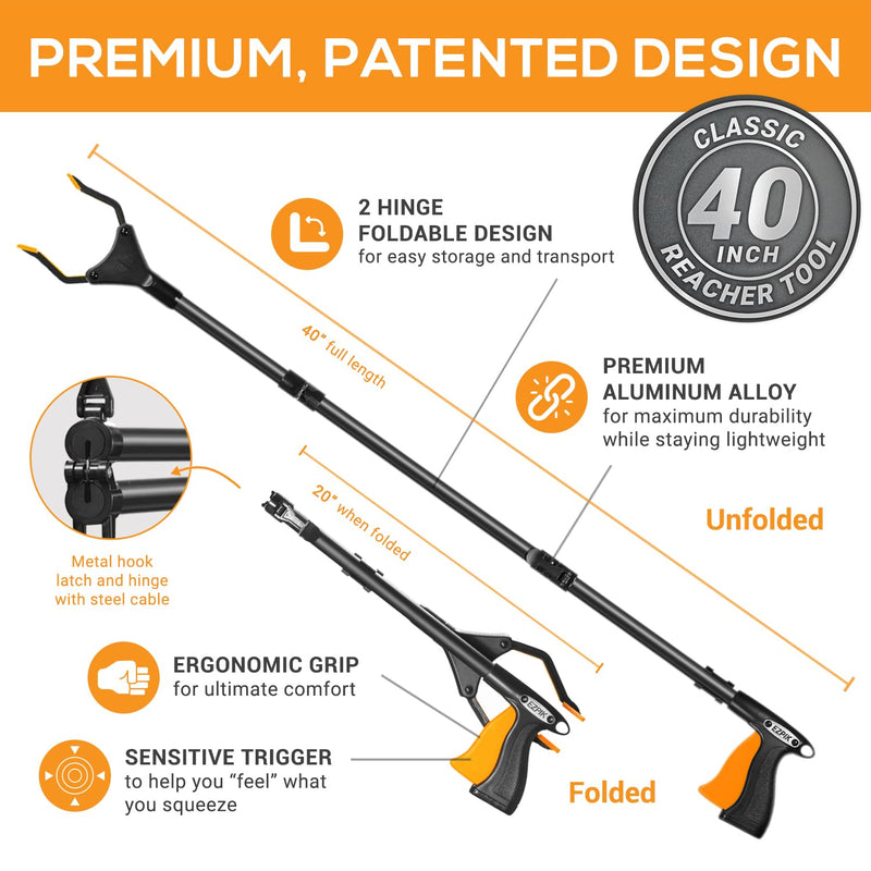 EZPIK Classic 40" Flexible Folding Grabber Tool for Elderly + Magnets, Reacher for Disabled & Seniors Heavy Duty Rotating Grippers for Reaching Underneath, Trash Grabbers & Pickers for Mobility 40" Classic (Pack of 1) - Black