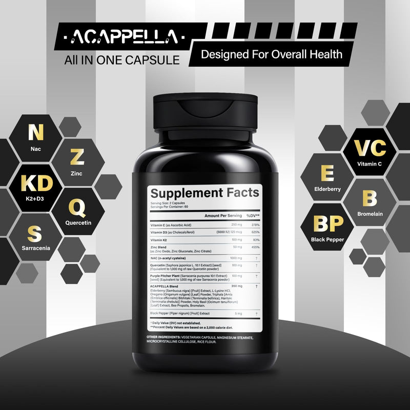 ACAPPELLA Vitamin D3 K2 Capsule Quercetin NAC N-Acetyl Cysteine Sarracenia Supplement Zinc Supplements 120 Count