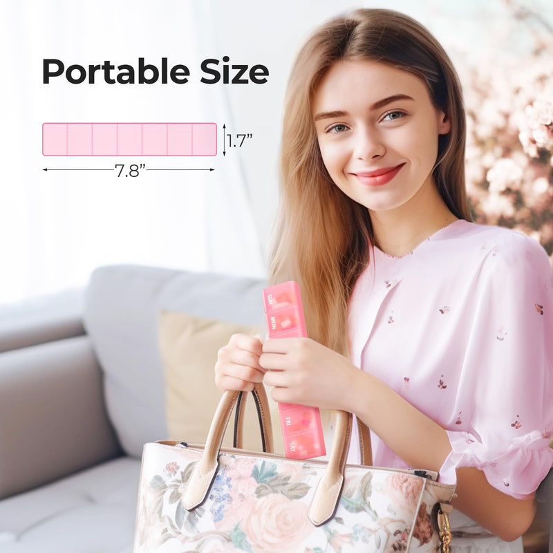 [Australia] - AUVON Weekly Pill Organizer with Effortless Opening Design, Arthritis Friendly Pill Box, BPA-Free Pill Organizer 7 Day, Cute & Portable Pill Case for Vitamins, Supplements and Medications A-pink M (Hold 6 Fish Oils) 