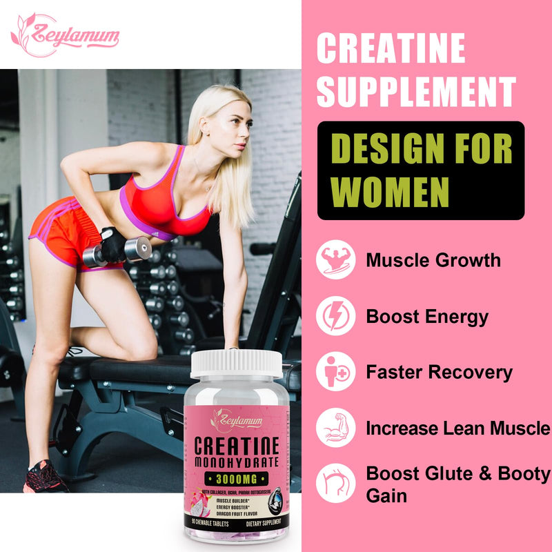 [Australia] - Creatine Monohydrate for Women, Creatine Supplement 3000mg, with Hydrolyzed Collagen, BCAA, Creatine for Booty Gain, Muscle Growth, Increased Strength, Enhanced Energy and Performance, 30 Servings 90 Count (Pack of 1) 