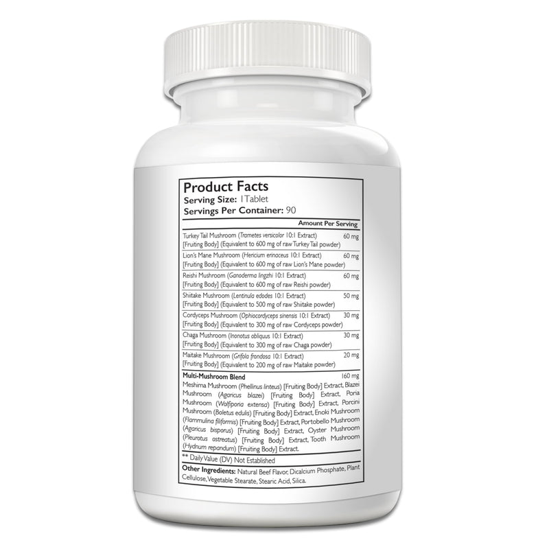 15-in-1 Mushrooms for Dogs Turkey Tail 600mg Lion's Mane 600mg Reishi 600mg Shiitake 500mg Cordyceps 300mg Chaga 300mg Maitake 200mg Meshima Blazei Poria Enoki Portobello 90 Tablets - PawsPlanet Australia