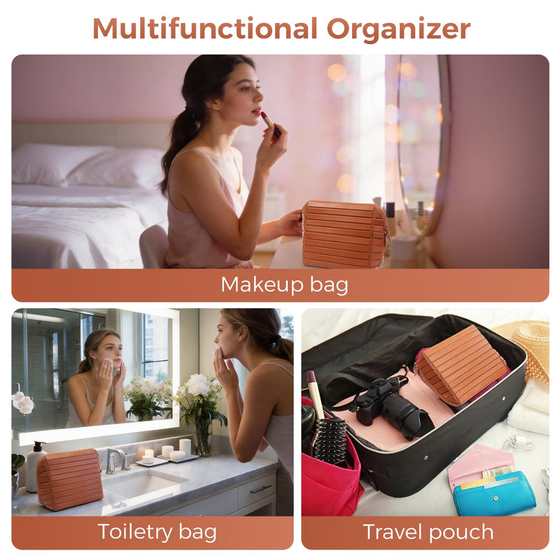 Travel Makeup Organizer Bag with Fold-Down Design and Adjustable Dividers, 27 Pockets & 3 Brush Storage Holders, Large Capacity Cosmetic Bags Toiletry Case - Brown Medium