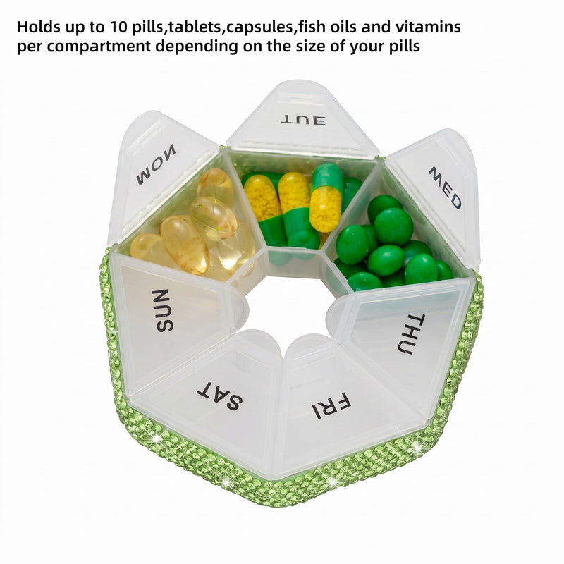 Round Pill Organizer Small Weekly Pill Case for Purse Bling Cute Medicine Pill Box Compact Vitamin Container 7 Day Daily Pill Holder Planner(Green) Z-【limited Edition】green