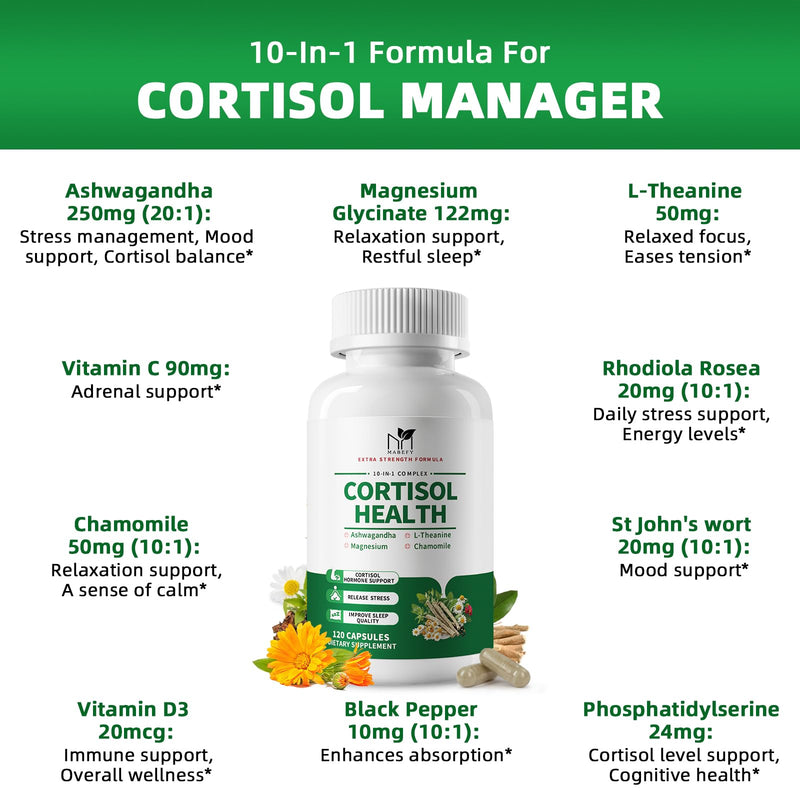MABEFY Cortisol Supplements for Women/Men, 120 Capsules for 30 Days | 10 in 1 Cortisol Manager Reducer Lower Detox Balance with Magnesium, L-Theanine for Stress, Sleep, Calm, Mood Support 120 Count (Pack of 1)