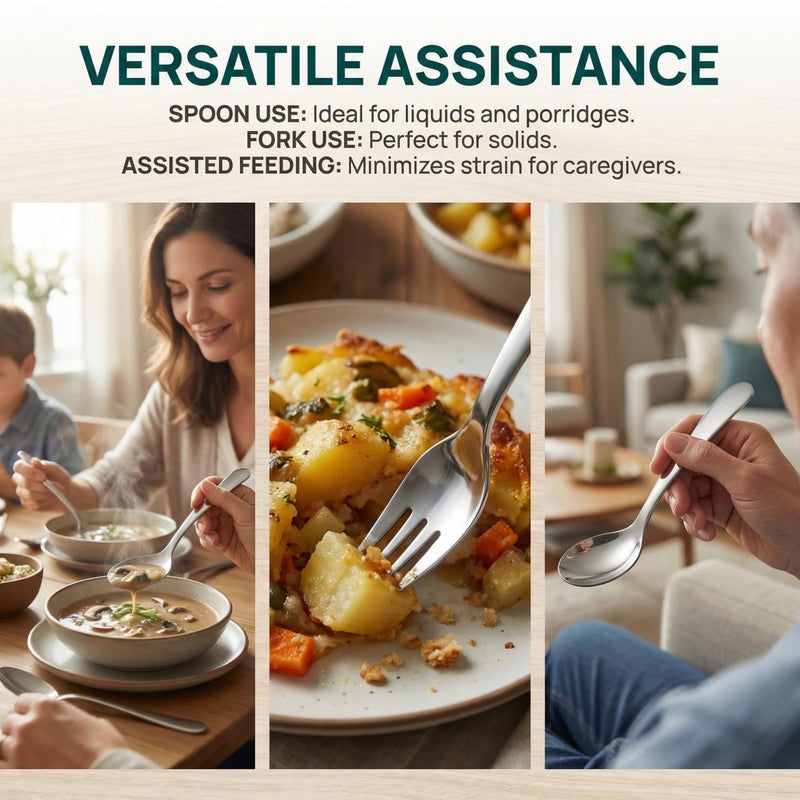 Adaptive Spoon Feed Utensils for Elderly Ergonomic Stainless Steel Angled Spoon and Fork Set for Self-Feeding Patients Comfortable Curved Tableware for Disabled and Bedridden Individuals, 5/6"
