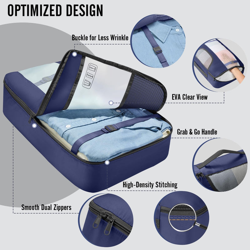 Veken 10 Set Packing Cubes for Travel Essentials,Anti-Wrinkle Buckled Suitcase Organizer for Shoe & Toiletry Bag,Carry On Luggage Bag with 99+ Count Mesh Holes for Airplane & College Dorm Accessories 05 Indigo Blue