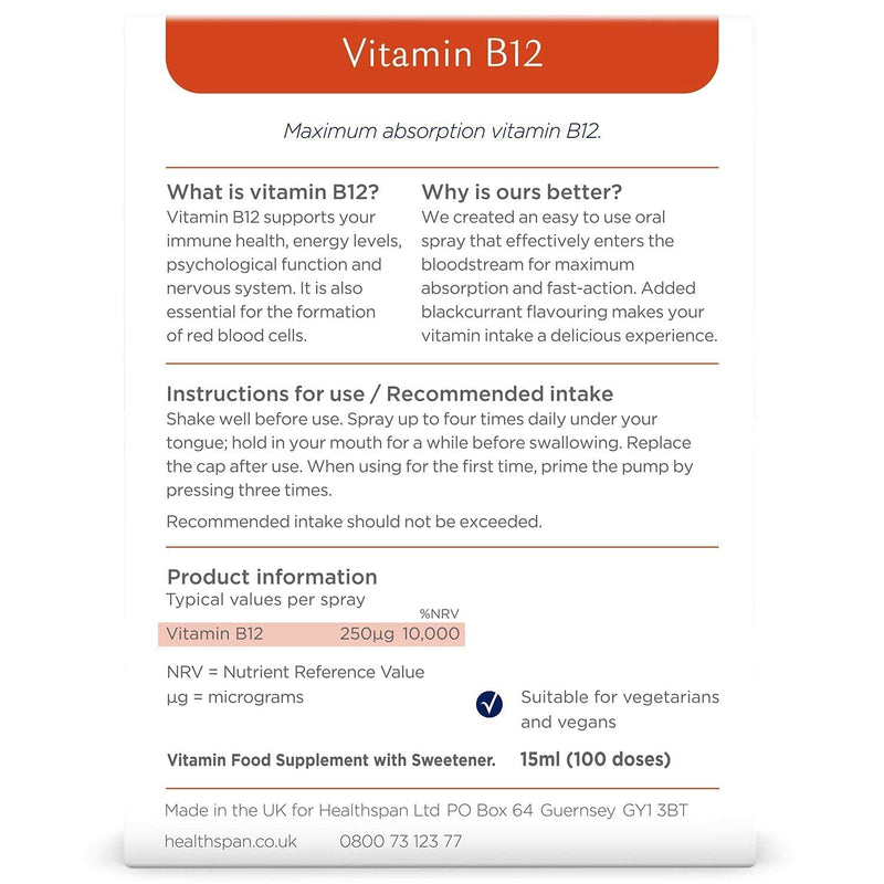 Healthspan Vitamin B12 Oral Spray, Blackcurrant Flavour, 250 µg, Vegan, Energy and Immune Support, 15 ml