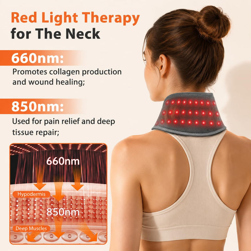Neck Heating Pad with Massage, Heating Neck Wrap with 660nm 850nm Red Light, with 3000mAh Rechargeable, 3 Levels Heat & 3 Massage