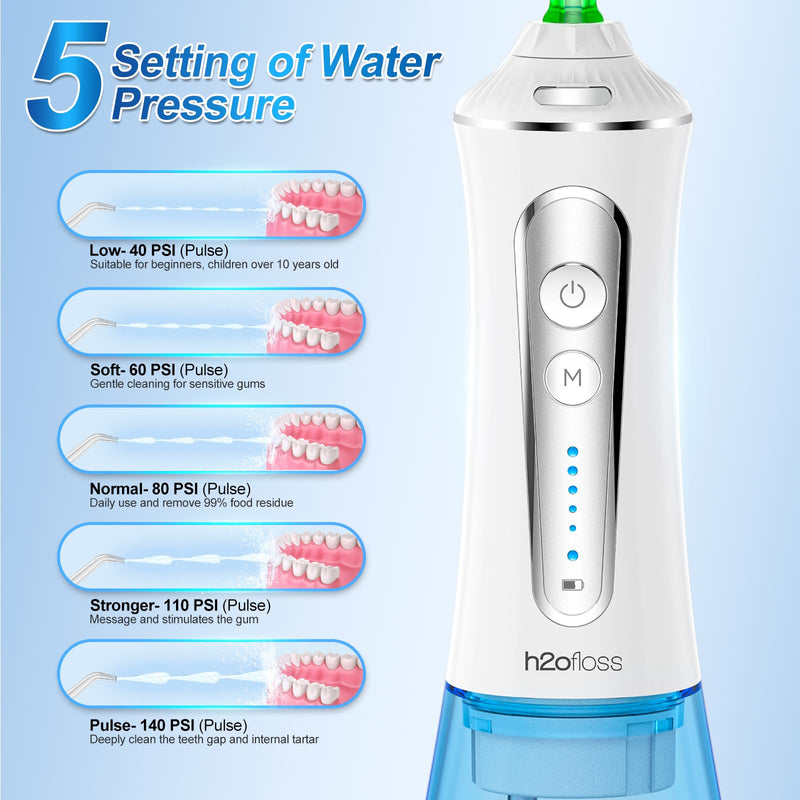 [Australia] - H2ofloss Water Dental Flosser for Teeth Cordless,300ML Portable & IPX7 Waterproof Teeth Cleaner Picks,5 Modes Rechargeable Oral Irrigator with Refilled Nozzle for Home/Travel White 