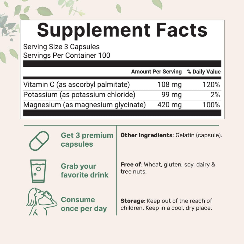 [Australia] - Pure Potassium Supplement with Magnesium Glycinate, 300 Capsules | Enhanced with Fat-Soluble Vitamin C | Chloride + Glycinate Mineral Electrolyte Complex | Only Active Ingredients | Filler Free 