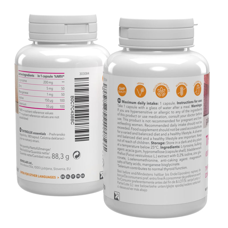 [Australia] - Iodine tablets - Thyroid - Iodine 150µg - Zinc, Selenium, L Tyrosine, Manganese - Plant origin - 180 capsules High dosage for 180 days - Thyrolux Sensilab 