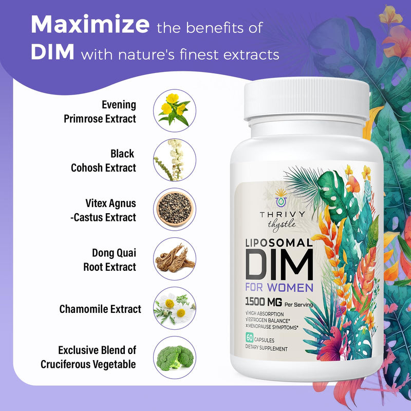 [Australia] - Liposomal DIM Supplement - 1500 mg Women DIM Supplement - Estrogen Supplements Contain Vitamin E, Evening Primrose, Black Cohosh, Omega-3 Fatty Acids 60 Count (Pack of 1) 
