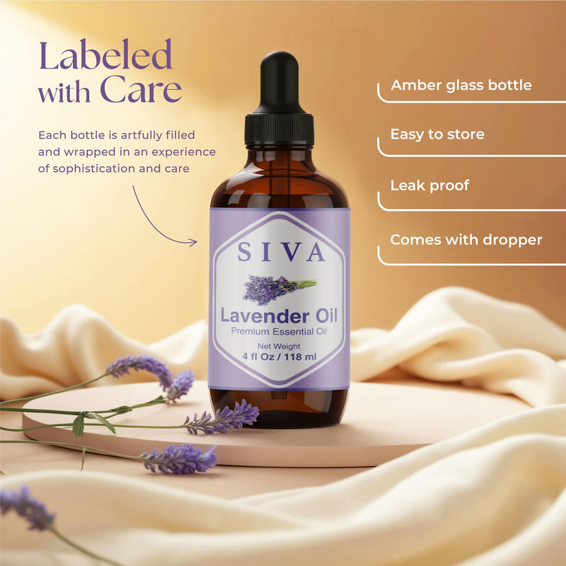 [Australia] - SIVA Lavender Essential Oil - 4 Fl Oz ‚Äì Natural Lavender Oil - for Diffuser, Face, Skin Care, Aromatherapy, Hair Care, Scalp and Body Massage - with Dropper 4 Fl Oz (Pack of 1) 