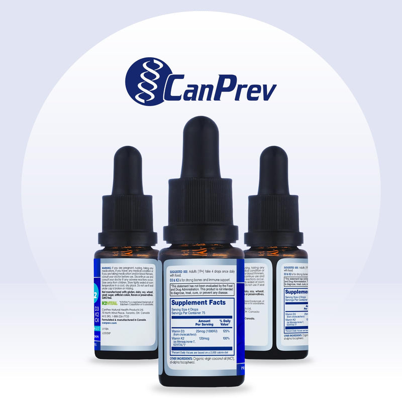 CanPrev Vitamin D3 K2 Liquid Drops, 1000 IU D3, 30mcg MK-7, 15ml | K2VITAL MK-7, MCT Oil Base, Supports Bones, Teeth and Immune Function, 450 Drops, No Pills, Unflavored, Gluten-Free