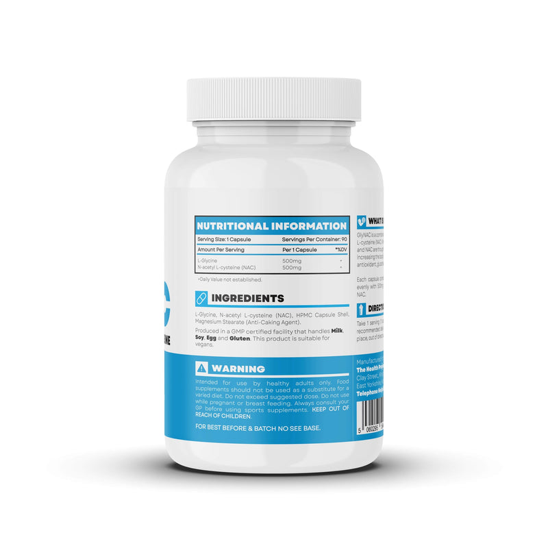 GlyNac 90 Capsules - 1000mg of GlyNac per Serving - 500mg L-Glycine - 500mg N-Acetyl L-cysteine (NAC) - Healthy Aging - Potent Antioxidant - Vegan Friendly - 90 Servings