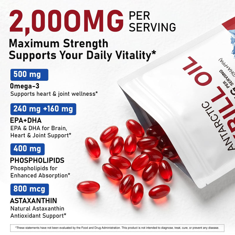 Antarctic Krill Oil 2000mg Softgels with Omega-3s EPA, DHA, Astaxanthin and Phospholipids Supplement 120 Softgels