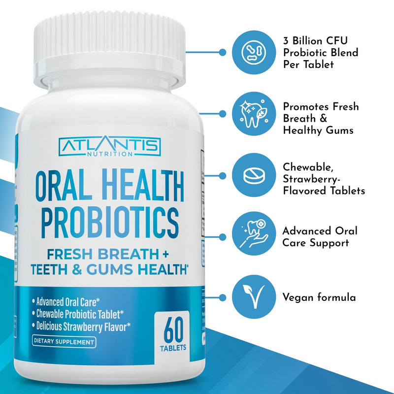 [Australia] - Atlantis Nutrition Oral Probiotics Chewable Tablet - Dental Probiotic for Gum Care & Teeth Care - Bad Breath Treatment for Adults - 3 Billion CFU Probiotic Blend - Strawberry Flavor - 60 Tablets 60 Count (Pack of 1) 