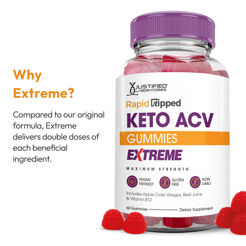 Justified Laboratories Rapid Ripped Keto ACV Gummies Extreme (2000 mg) - 60 Count - Made with the Mother & Vitamin B12 - Non-GMO, Vegan, Gluten Free - 30 Servings 60 Count (Pack of 1)