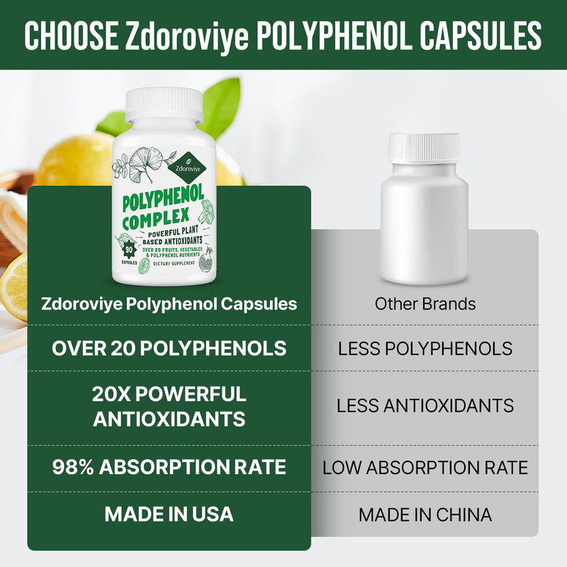[Australia] - 2250 MG Polyphenols Supplement Over 20 Fruits, Vegetables & Polyphenols, Quercetin, Resveratrol, Turmeric, Green Tea, Powerful Antioxidants, Polyphenols for Age Defense, Immune System, 90 Capsules 90 Count (Pack of 1) 