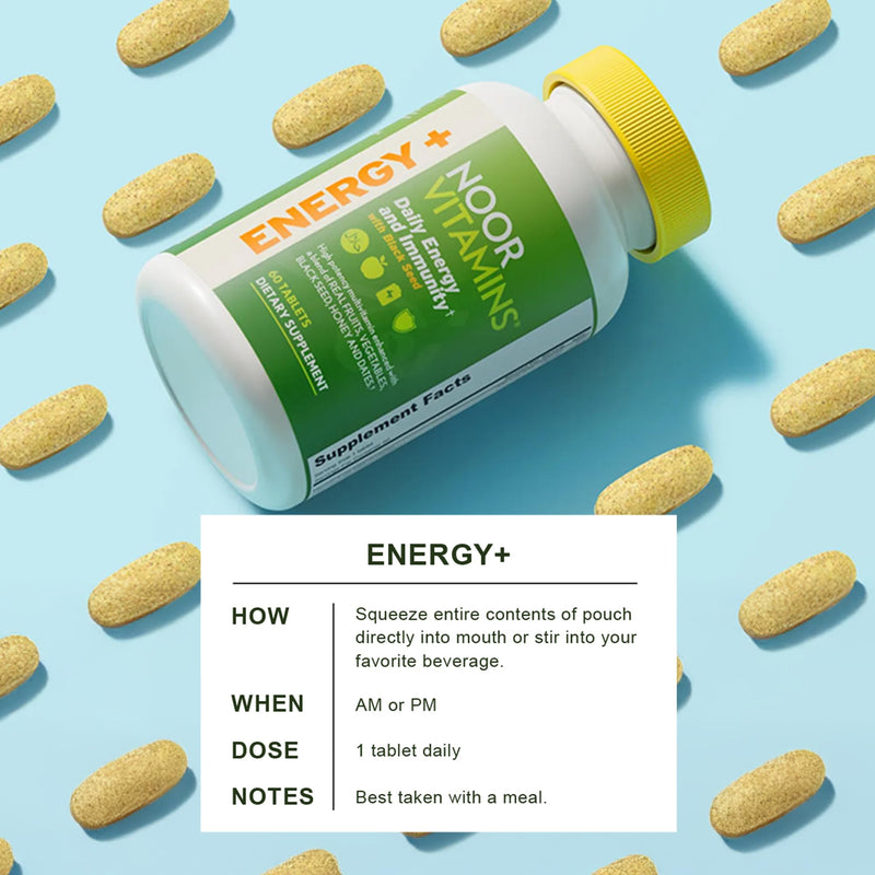 Noor Vitamins Energy+ Multivitamin; Halal Vitamin for Energy Production & Immunity, 26 Vitamins & Minerals, Black Seed, Dates, Honey, for Men & Women. Gelatin Free, 2 Month Supply