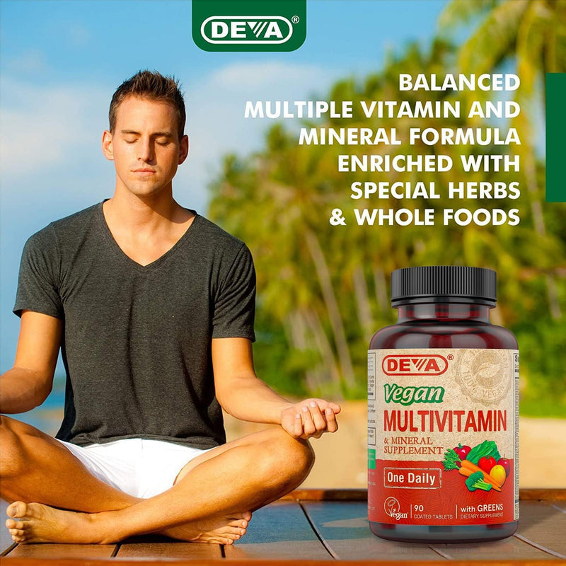 Deva Vegan Multivitamin and Mineral Supplement - Once-Per-Day Formula with Greens - Vitamins A, C, D, E, B Complex, High-Potency Formulation for Daily Health and Wellness- 90 Coated Tablets, 1-Pack 90 Count (Pack of 1)