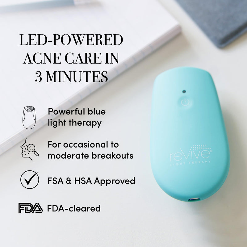 reVive Essentials Acne Device, FDA-cleared Red & Blue Light Acne Tools, Medspa Quality LED Light Therapy Products, Portable Triangular Design Face Tools for Skincare, Battery or USB Power Mini