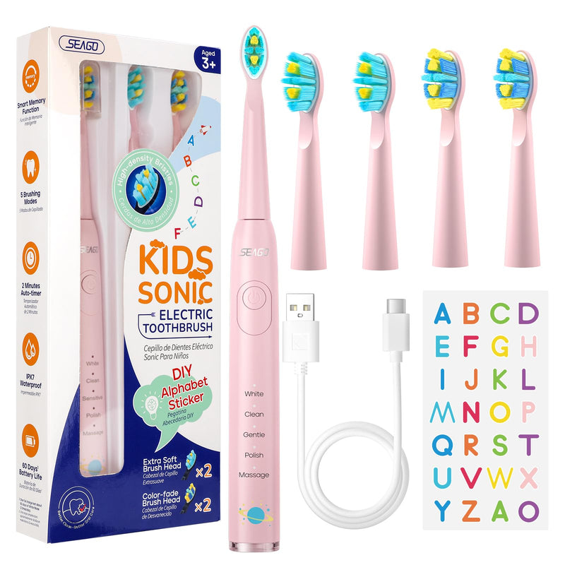 [Australia] - SEAGO Kids Electric Toothbrush, Sonic Soft Bristle Rechargeable Toothbrushes with DIY Stickers, 5 Modes, includes 4 Replacement Brush Heads, Ages 3 to 12 Years Old (Pink) Pink 