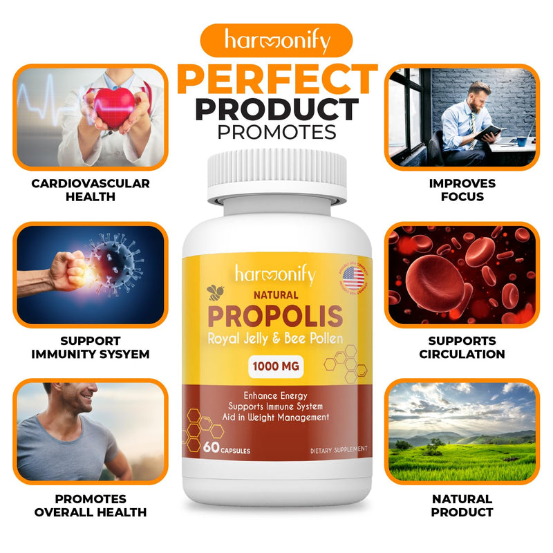 Bee Pollen Propolis Royal Jelly Extract with Carob, Pure Immune Support Supplement, Gluten-Free, Vegetarian Capsules, 1000 mg