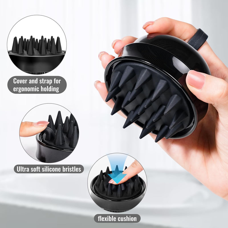 2 in 1 Scalp Massager Hair Growth,Scalp Scrubber with Soft Silicone Bristles for Dandruff Removal,Shampoo Brush for Exfoliation,Head Massager for Both Wet and Dry Use (Black) Black